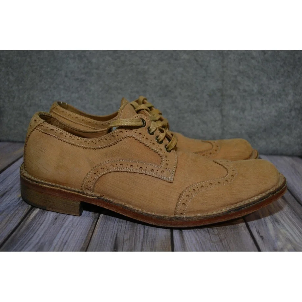 John Varvatos Shoes Mens 8.5 Beige Leather Wingtip Brogue Dress Handmade Italy